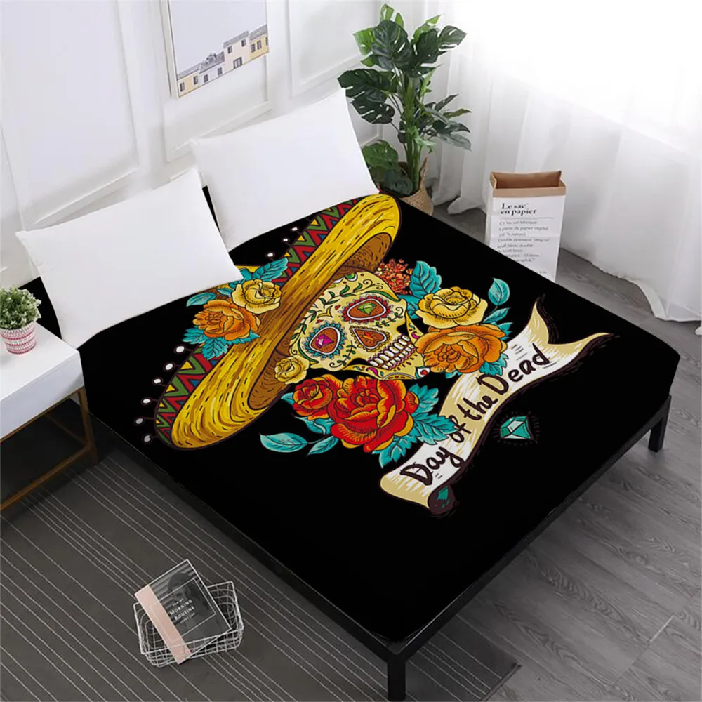

Hippie Sugar Skull Sheet Rose Flowers Printed Fitted Sheet Twin Full King Queen Bedding Deep Pocket Sheet Home Decor D40