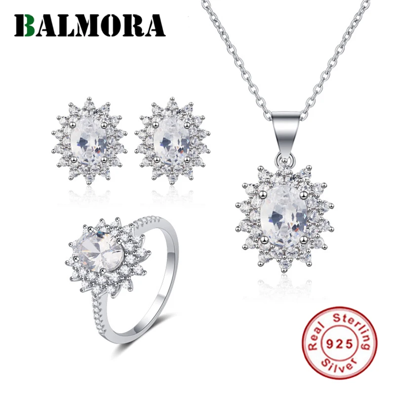 

BALMORA 925 Sterling Silver Necklace+Earrings+Rings Zircon Jewelry Sets for Women Lover Fashion Jewelry Brincos Gift JWS0640