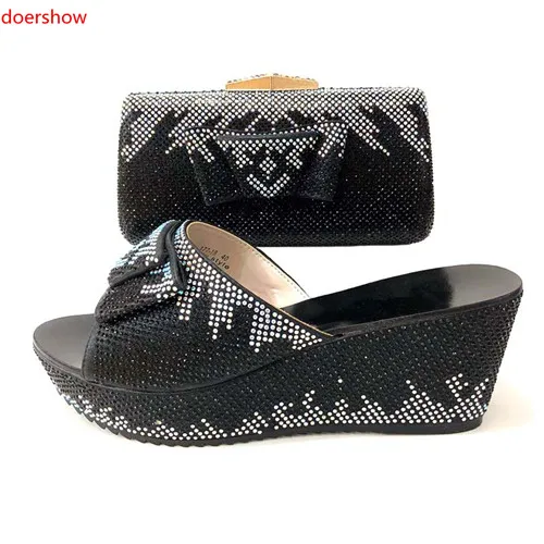 

doershow Charming Italian Shoes With Matching Bags Rhinestones balck High Quality African Shoes And Bags Set for wedding!KL1-8