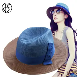 FS Для женщин девушки летние соломенные Шапки синий и красный цвета широкими полями козырьки пляж шляпа с бантом женская шляпа шапки Chapeu