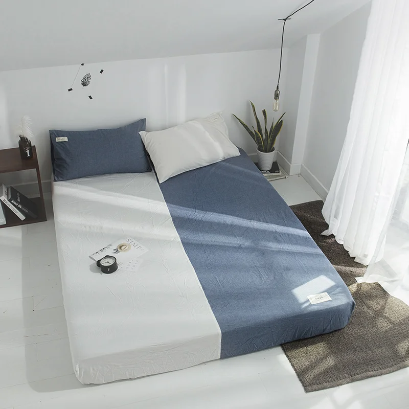 

Solid Blue And White Stitching Pattern 3Pcs Cotton Solid Fitted Sheet Mattress Cover Four Corners With Elastic Band Bed Sheet
