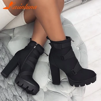 

KARINLUNA Black 12 CM Heels Booties Ladies Platform Ankle Motorcycle Boots Women 2019 Decorating High Heels Shoes Woman 36-43