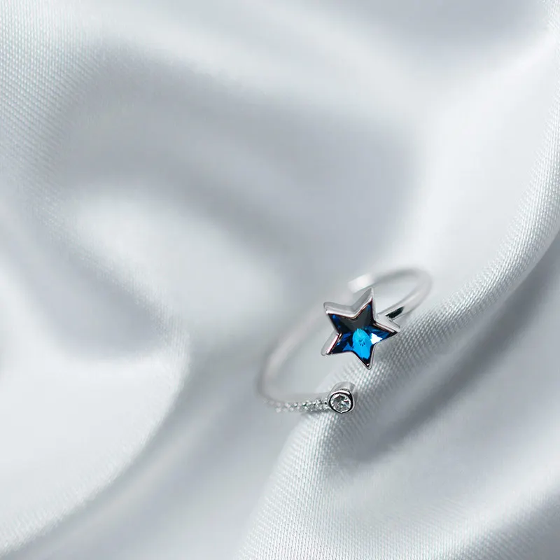 

100% 925 Sterling Silver Blue CZ Star Open Finger Rings for Women Girls Adjustable Engagement Ring Sterling-silver-jewelry