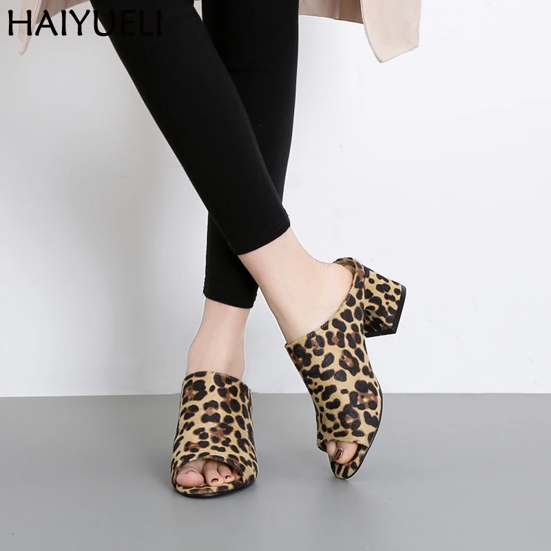 

7cm Casual High Heels Sandals Summer Leopard Slippers Women Square Heel Black Slipper Fashion Thick Heel Outdoor Slippers