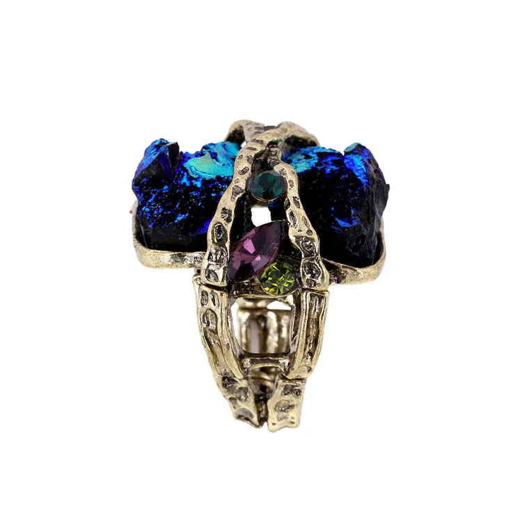 Yhpup бренд Винтаж античная бронза работы крупная Шарм Смола Драгоценный Камень, украшенные разноцветными кристаллами нерегулярные эластичность роскошные кольца для Для женщин