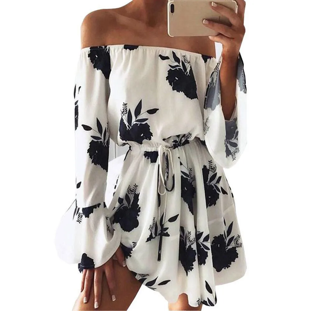 

2019 new sale Womens Off Shoulder Floral Printed Long Sleeve Beach Dress salida de ba o mujeres playa jupe plage plaj elbisesi