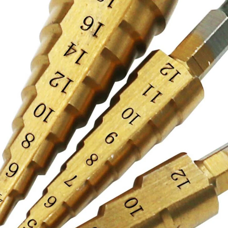 3pcs Hss Step Cone Taper Drill Bit Set Hole Cutter Metric 4-12/20/32mm 1/4" Titanium Coated Metal Hex Step drill For Screwdriver