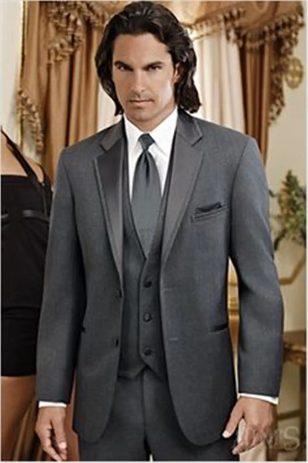 Custom Made Side Slit Two Buttons Black Grey Groom Tuxedos