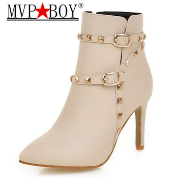 

MVP BOY New Women Pointed Toe Thin Heel Ankle Boots Woman Buckle Rivets Botas Ladies Party Wedding Shoes Footwear Size 35-43