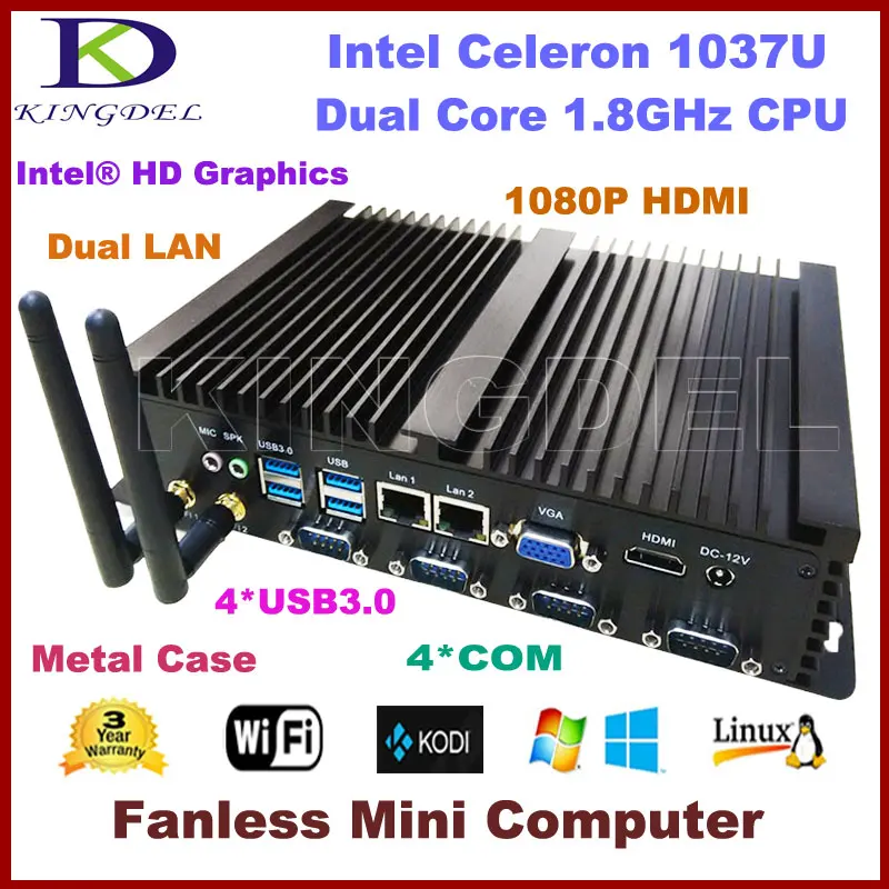 2016 New Fanless Mini PC Industrial Computer Intel Celeron 1037U CPU Barebone 2 1000M LAN 4