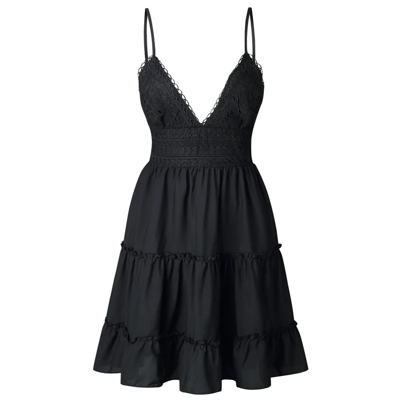2019 sexy v-neck halter with backless bow lace patchwork pleated dress for women (4)