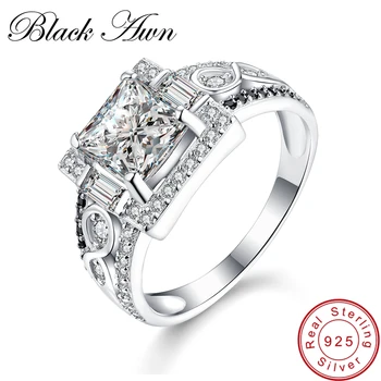 

[BLACK AWN] Genuine 925 Sterling Silver Jewelry Engagement Rings for Women Black&White Femme Ring Bijoux Bague C186