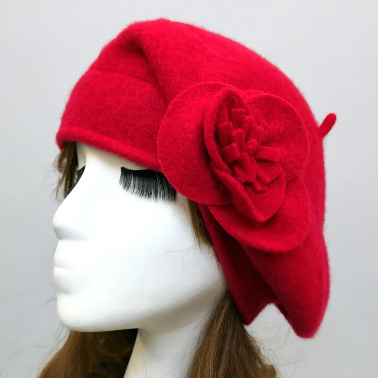 Фибоначчи, новинка, Осень-зима, женские береты, шапка, флоппи, цветочный рисунок, шерстяные шапки, купол, теплая шапка для мамы - Цвет: Красный