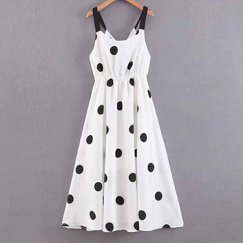 

WXWT Women's dress fashion dot V-neck adjustable strap charming ladies dress casual holiday elegant chic High street brand dress
