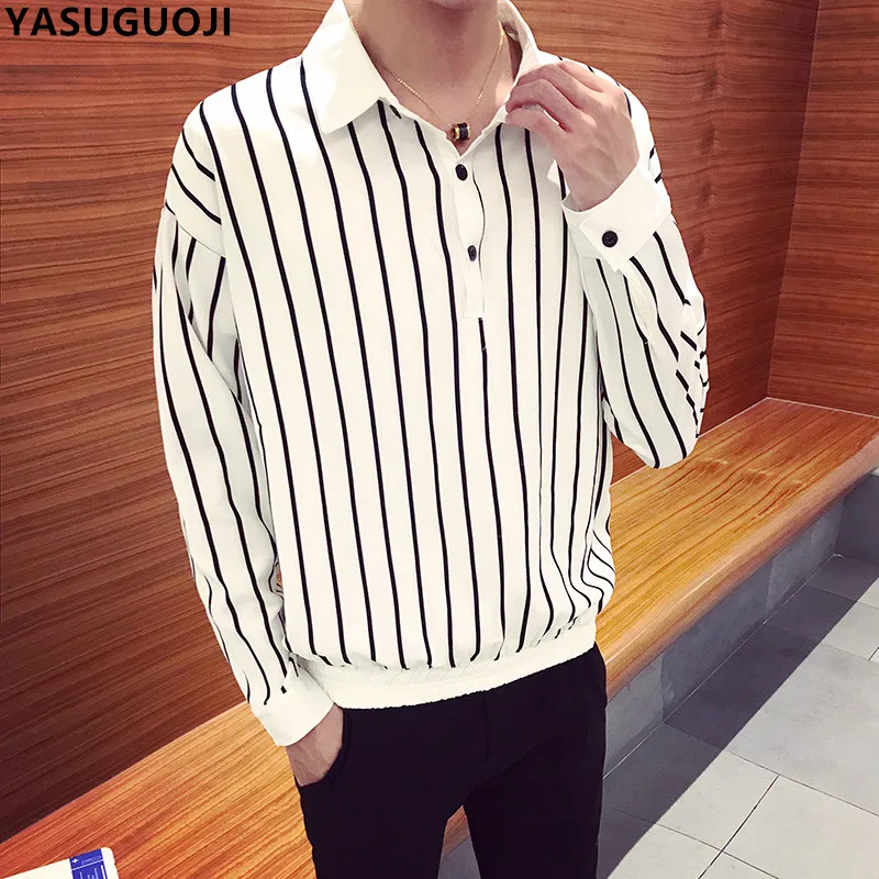

YASUGUOJI new 2018 autumn fashion black and white stripe contrast color long sleeve shirt men loose male hawaiian shirt CS24