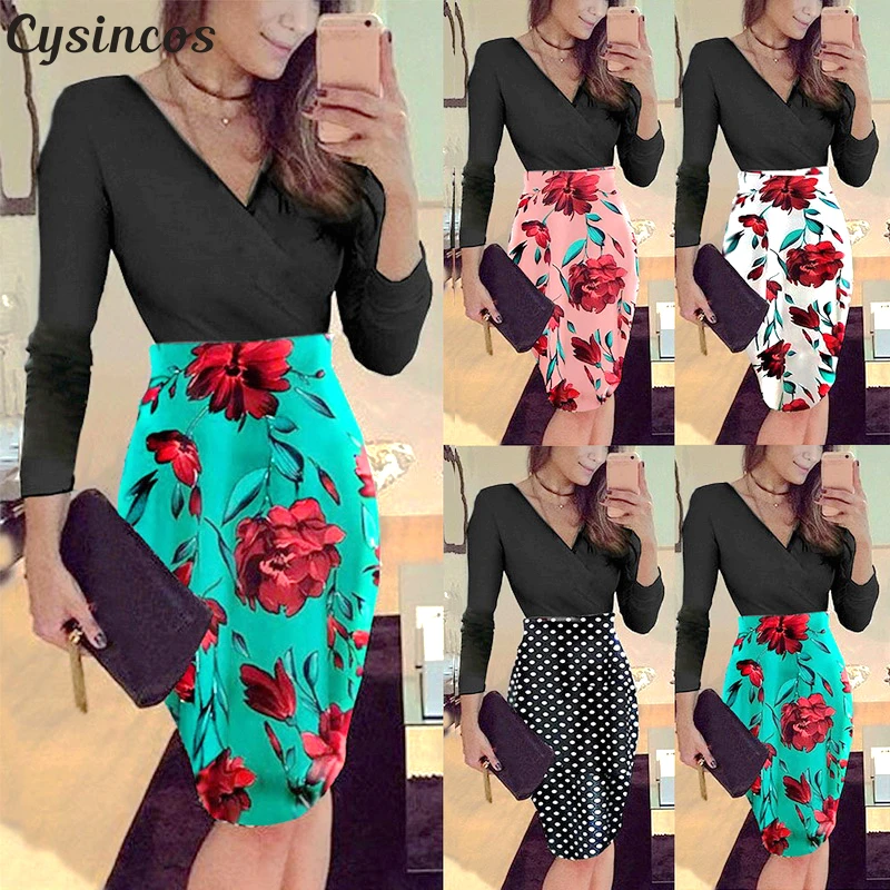 

Cysincos Women Boho Autumn Fashion Floral Print Pencil Dress Women Bodycon Elegant Work Office Dress Ladies Sexy Cocktail Party