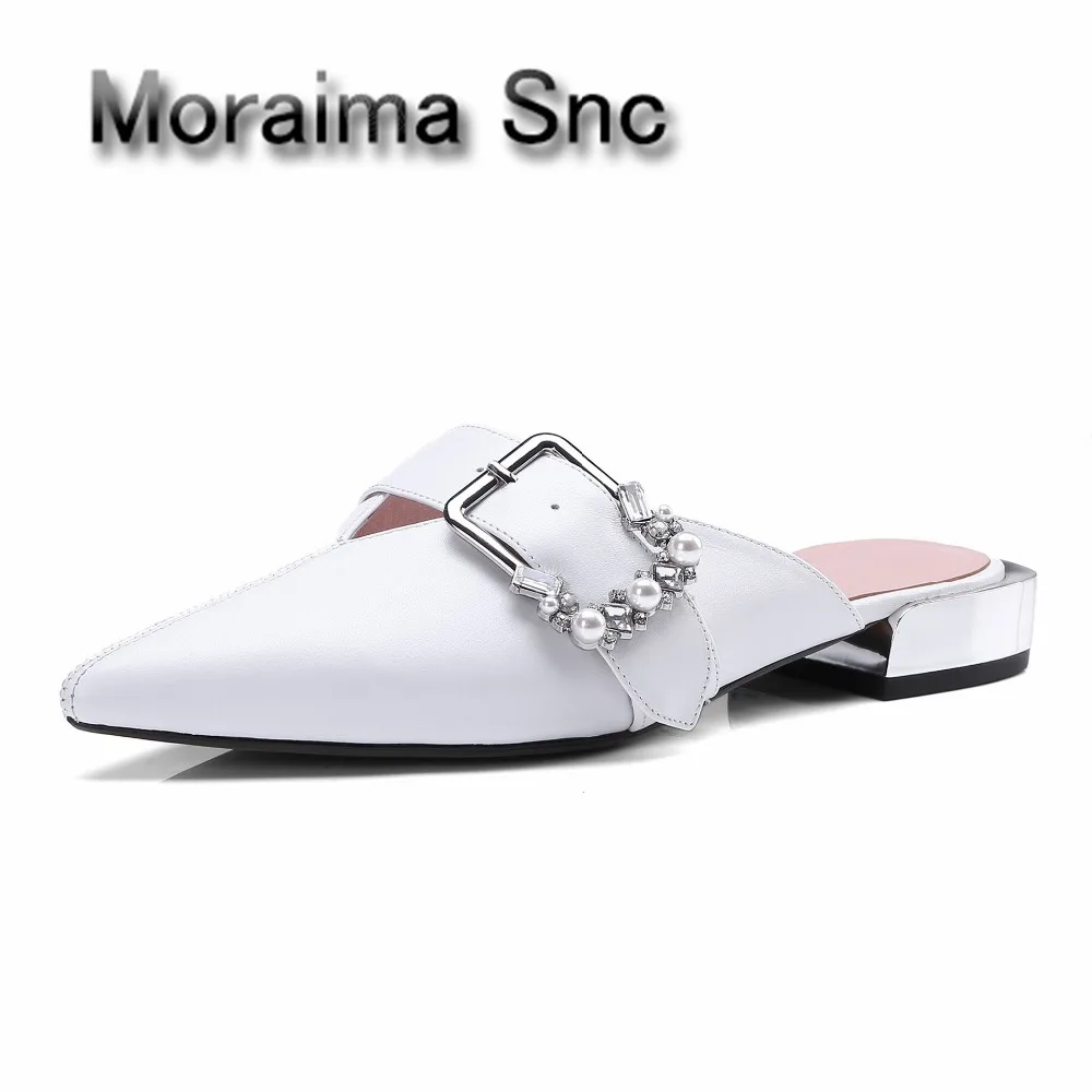 Moraima Snc brand women slippers black pointed toe flats shoes summer black white leather outside shoes crystal decor pantoffels