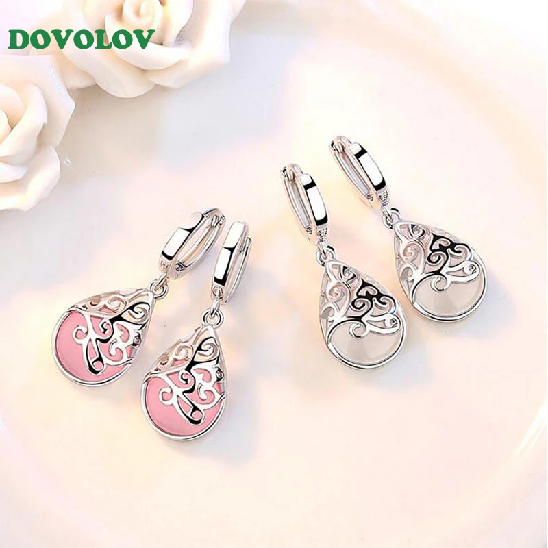 

Dovolov Unique Hollow Design Silver /Pink Color Drop Earrings For Women Top Quality Personality Wedding Bridal Earrings D348