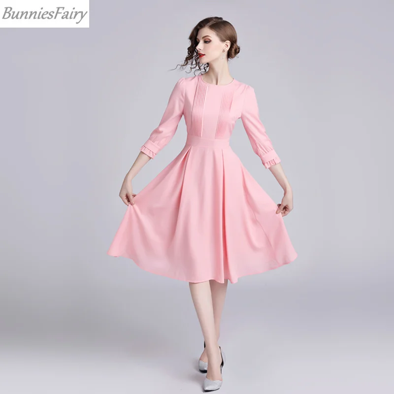 

BunniesFairy 2019 Summer New Women Sweet Simple Elegant Pink Color Pure Color High Waist Pleated Dress Ruffles Sleeves O-neck