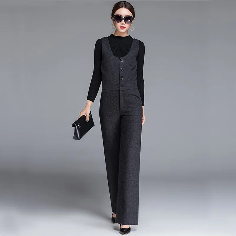 

High Quality 2017 Women Woolen Jumpsuit For Autumn Winter OL Black Gray High Waist Office Lady Suit Business Warm Straight Suit