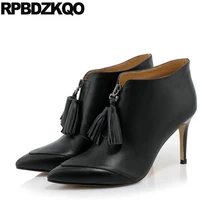 Стилет на каблуке Настоящая кожа Роскошные бренды обувь женщины короткая ботинки черный ботильоны приукрашенный осенняя мех дамы острый носок батильоны бахрома женский мода китайский женская