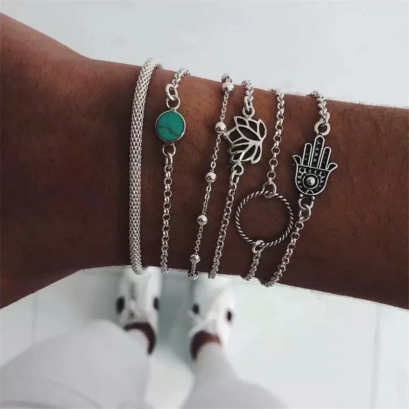 

LUSION 6 Pcs/ Set Bohemian Hand lotus Charm Bracelets Bangles For Women Fashion Sliver Color Strand Bracelets Sets Jewelry Gifts