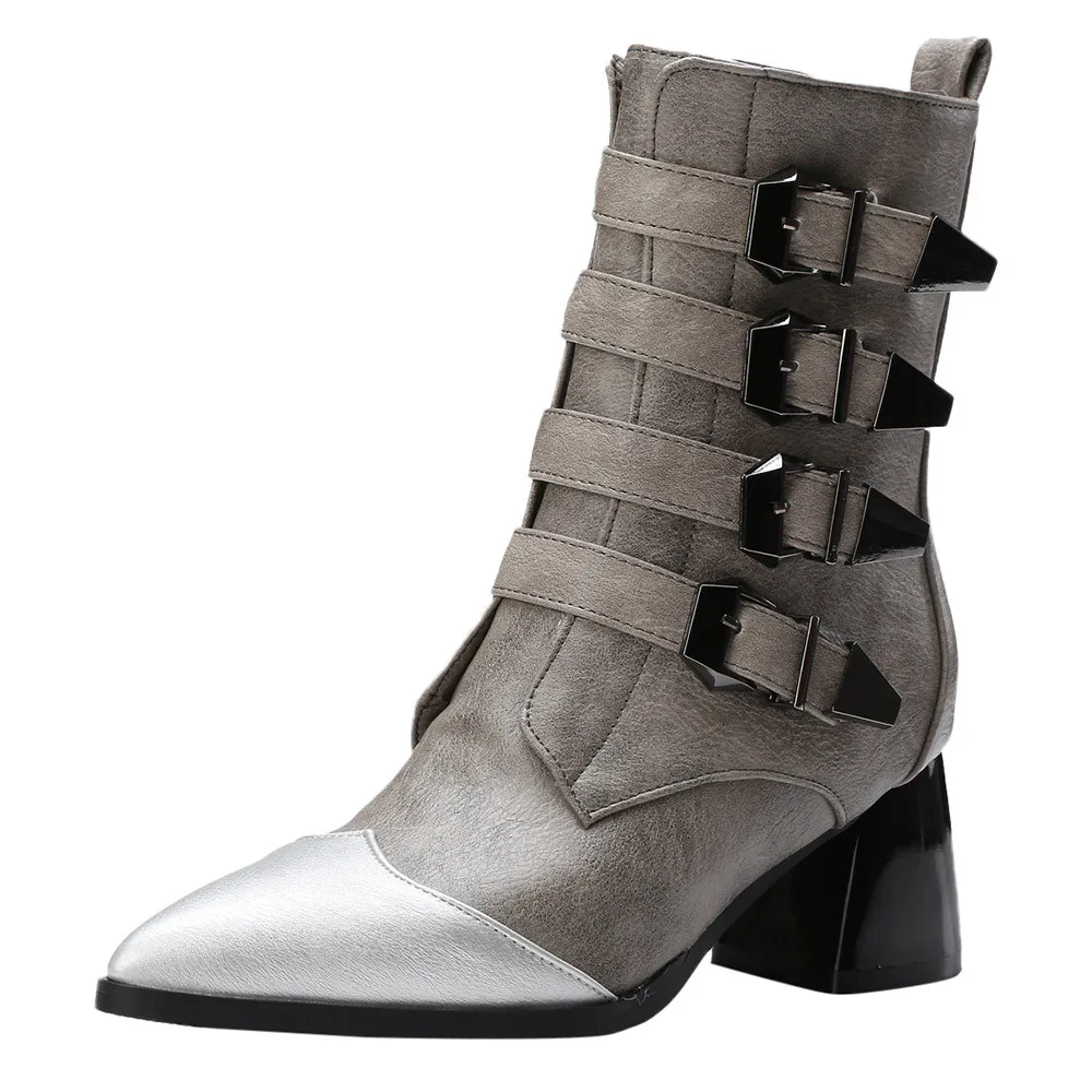 Zapatos mujer; кожаные ботильоны; Ботинки martin с острым носком и ремешком и пряжкой; женские роскошные ботинки; женская обувь на молнии; большие размеры - Цвет: Серый