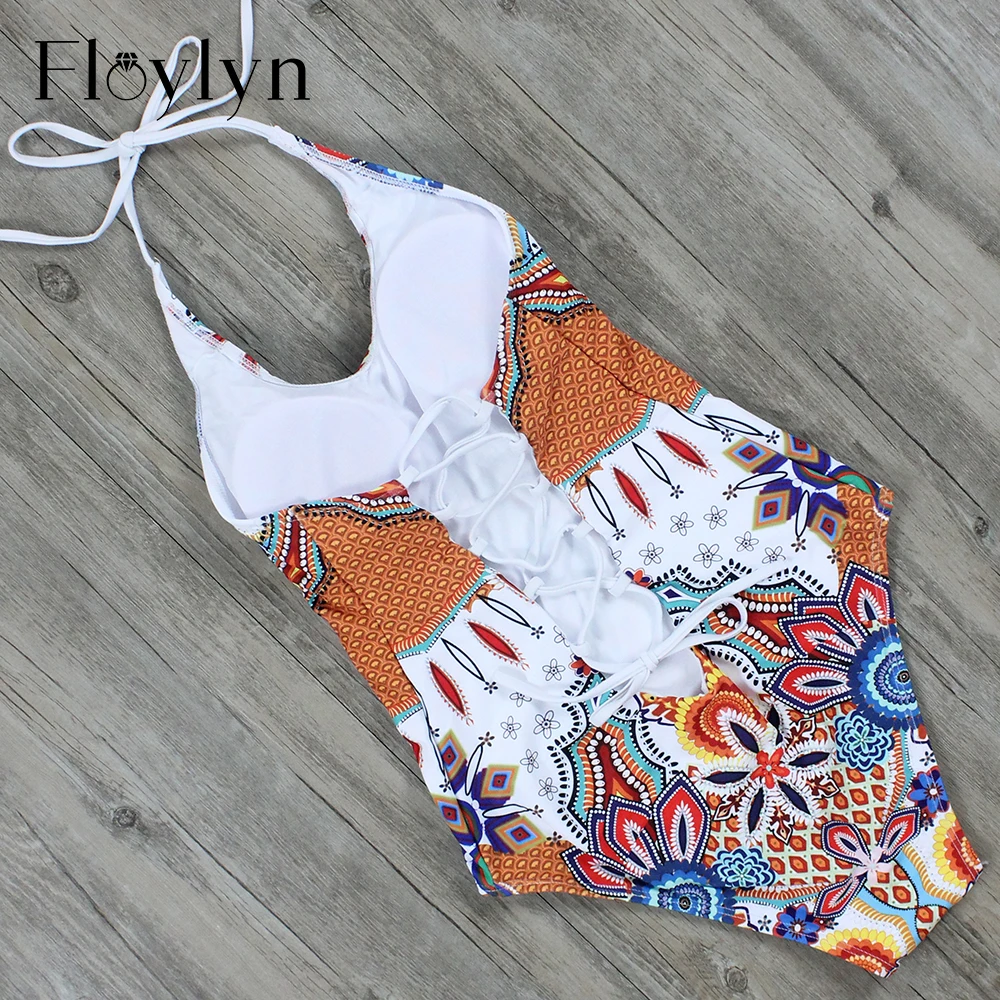 Floylyn винтажный принт сексуальный бандажный цельный купальник высокого качества
