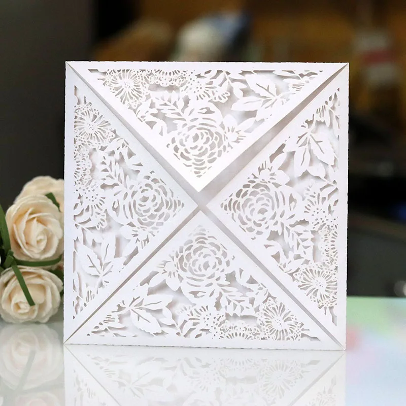  50pcs White Elegant Square Hollow Laser Cut Wedding Invitation Card Custom Printing Wedding Decorat - 32984962112