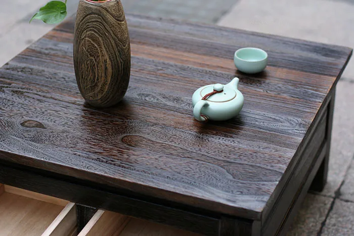 Японский чайный столик под старину, деревянный шкаф с двумя выдвижными ящиками, квадратный 65 см, древесина пауловния, традиционная азиатская мебель для гостиной
