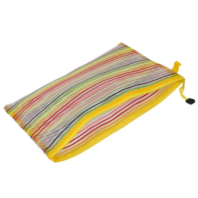 Zip up Nylon Mesh Multicolor Stripes A4 Paper Documents Pen File Bag Folder