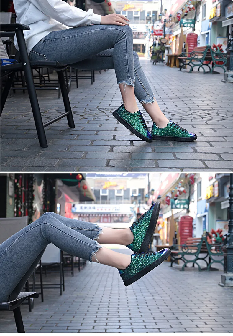  2019 New Fashion Spring Women Sneakers Casual Flat lace-Up Bling Glitter Shining Green Beautiful Vulcanized Shoes Woman (7)