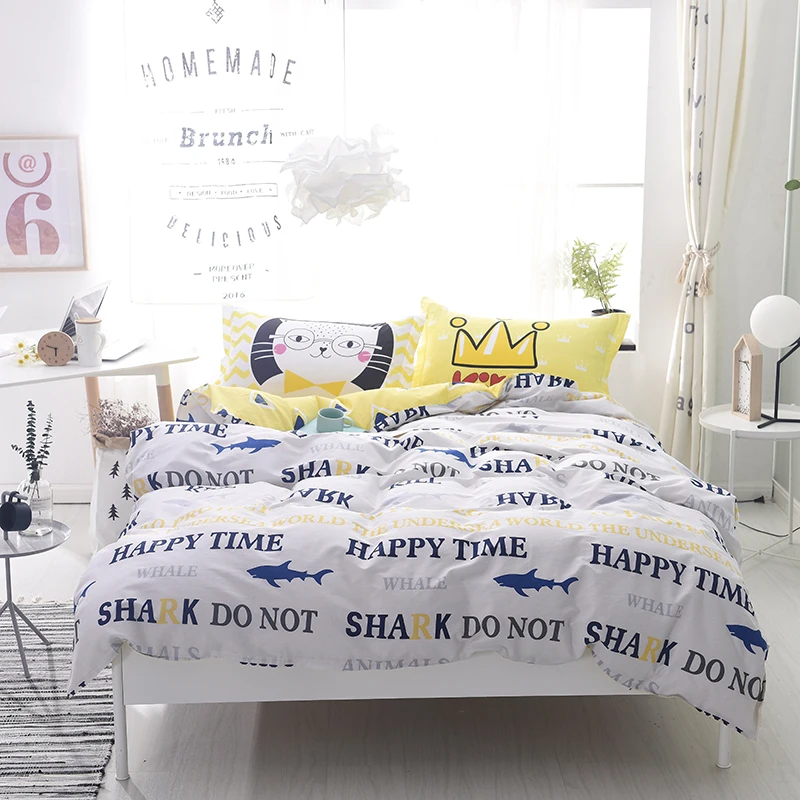 

Fashion Cartoon Blue Letter Pattern Home Textile Bedding Sets Duvet Cover Pillowcase Sheet Linen Full Queen Size 4Pcs Cotton