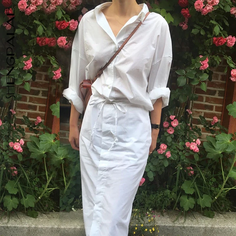 

SHENGPALAE Chic Korean Fashion Turn-down Collar Single Row Buckle Chalaza Waist Tie Long Fund Sunscreen Shirt Dress Woman FN920