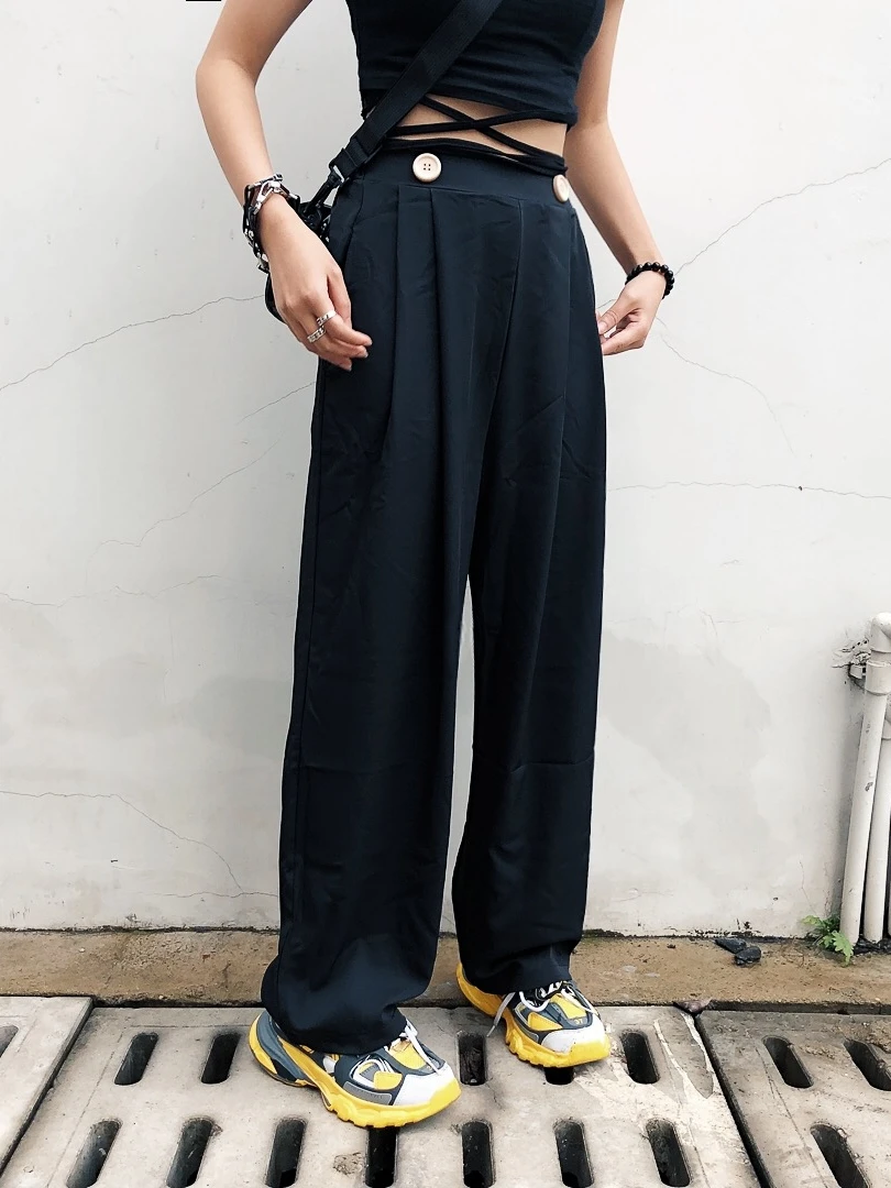 

Fashion retro style two buckled pleated high waist, loose and slim black straight trousers, women's Pendant broadlegged pant