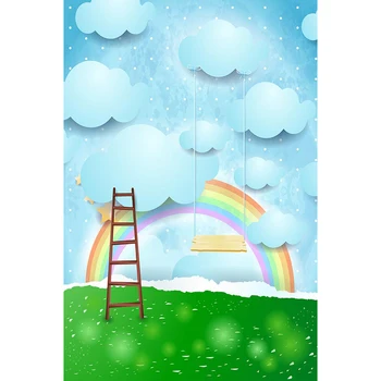 

Blue Sky Clouds Rainbow Cartoon Photography Backdrop Printed Stars Ladder Swing Baby Kids Photo Shoot Backgrounds Green Floor