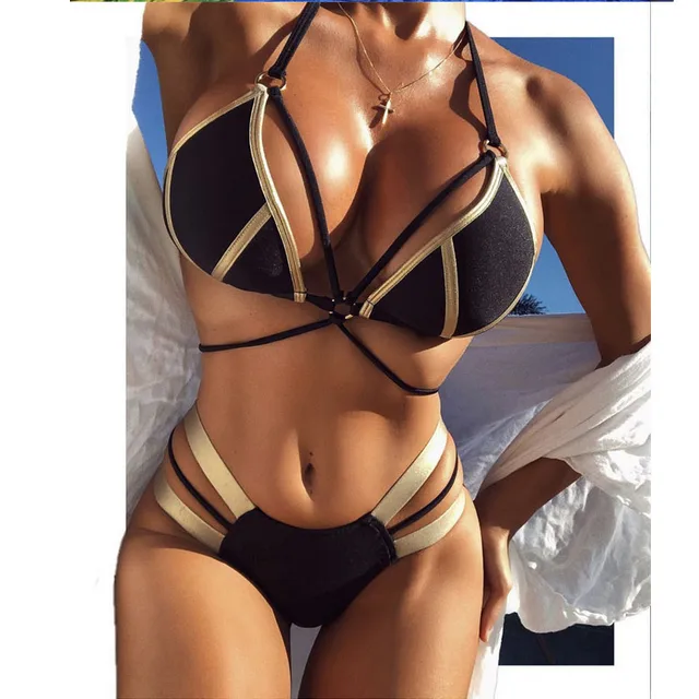 US $6.52 2019 Hot Push Up Womens Bikini Set Halter Solid Color Beach Swimsuit Padded High Waist Bathing Suit