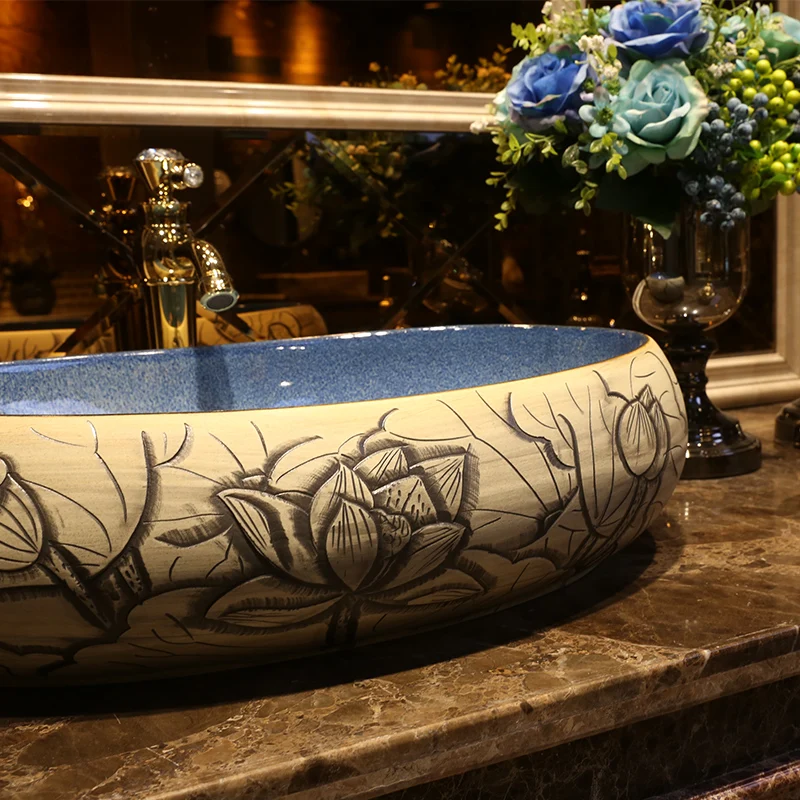 Oval Europe Vintage Style Art Porcelain Counter top Basin Sink Handmade Ceramic Bathroom Vessel Sink Vanities art basin ceramic basin Carved lotus (10)