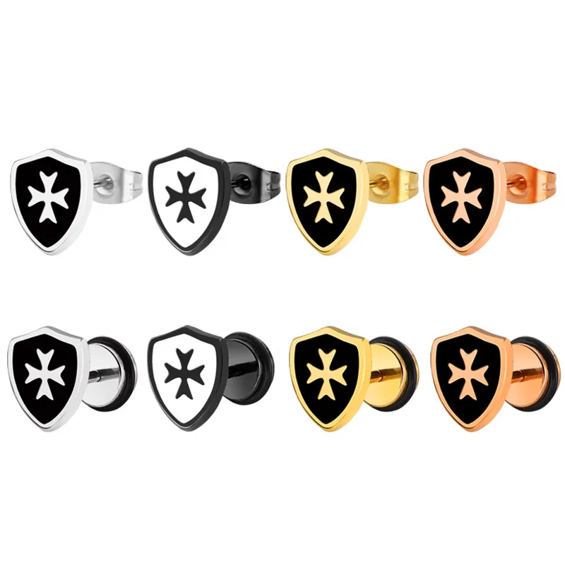 

Fashion stud earrings men jewelry Personality vintage Rose gold Cross shield stainless steel earrings Silver jewellery