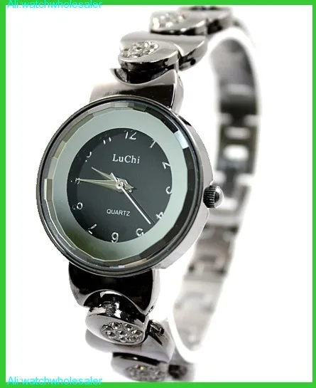 Популярные наручные часы Gunmetal Группа круглое зеркало стекло Циферблат Дамы для женщин Мода кварцевые браслет часы с кристаллами FW779B