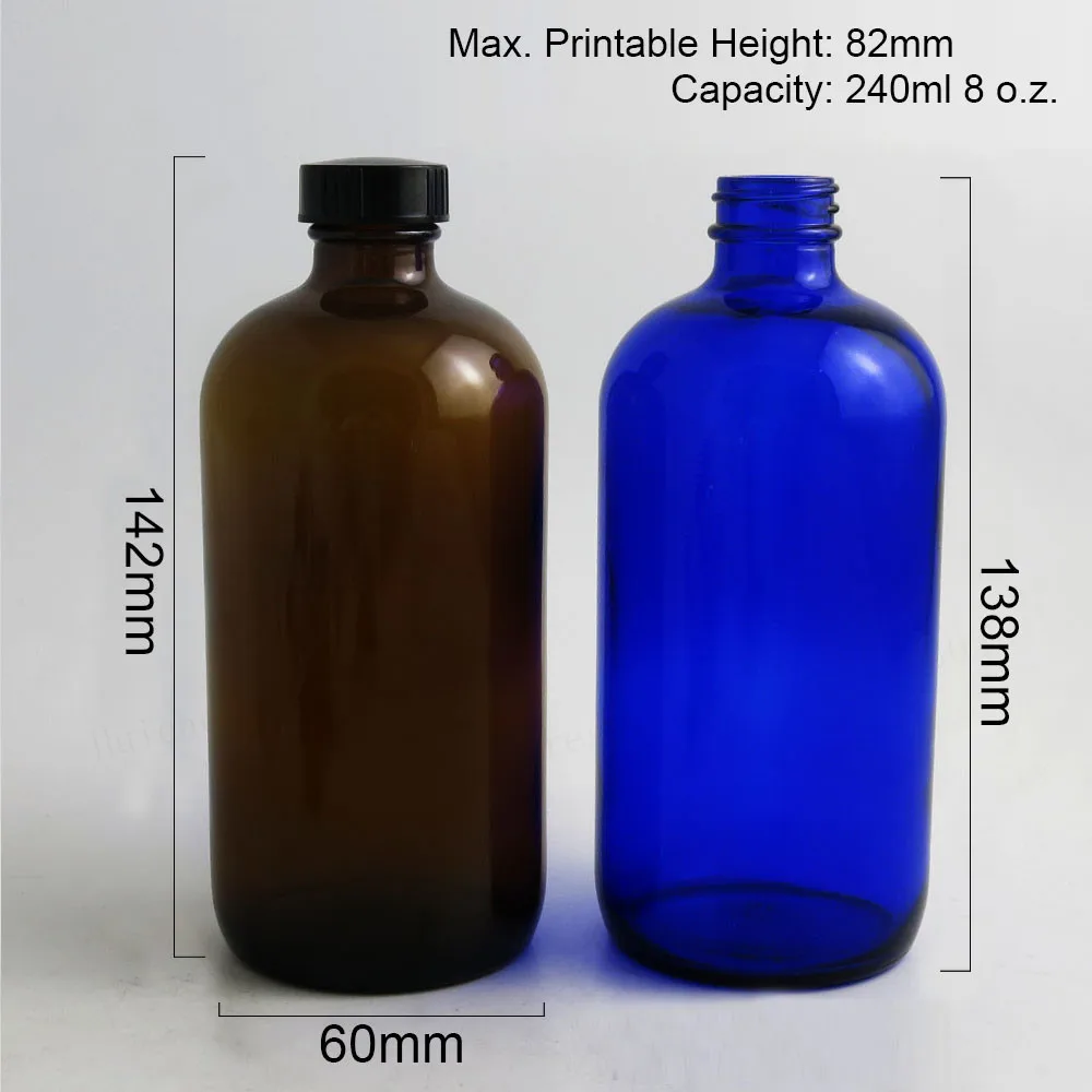 2 шт 240 мл Большие Многоразовые 8 унций янтарные синие прозрачные бостонские круглые стеклянные бутылки с черным фенольным конический колпак 240cc стеклянные контейнеры