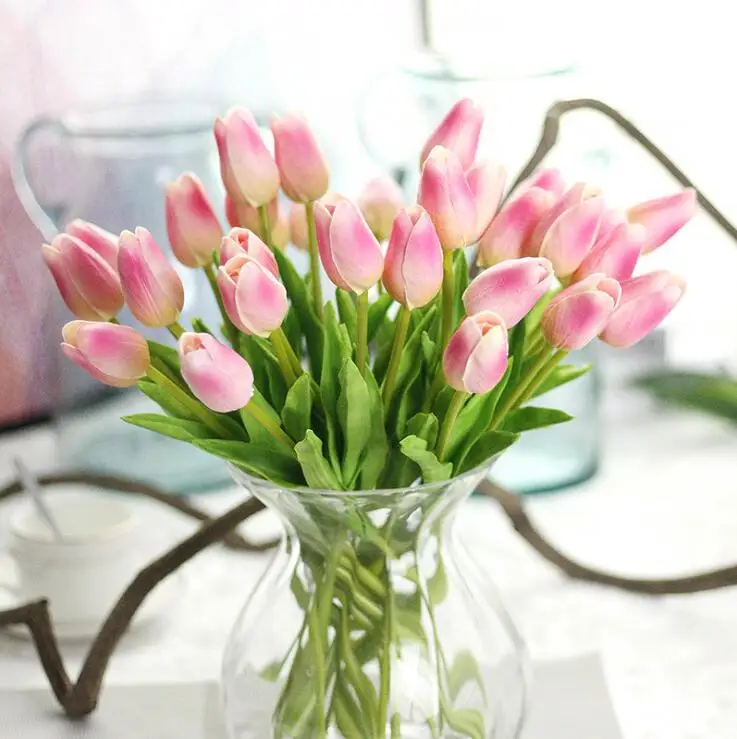 2 шт. искусственные тюльпаны ПУ Флорес свадебные искусственные цветы букет растения белые тюльпаны домашние вечерние украшения для демонстрации яркие листья - Цвет: Темно-розовый