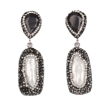 

Wholesale Tear Drop Black Cat Eye Opal Stone Ear Post Long Big Freshwater Pearl Bead Charm Pave Rhinestone Dangle Earring Women