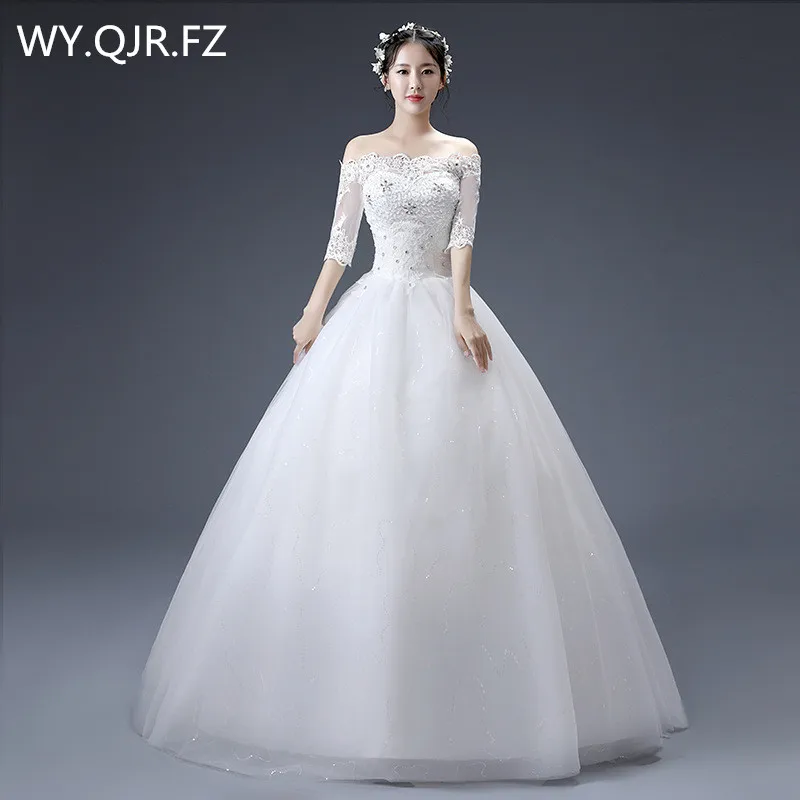 

JYJY17#Boat Neck Autumn winter new lace up white wedding dress 2019 plus size Resin drill Dresses Custom cheap wholesale girl