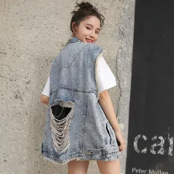 

Harajuku Womens Bomber Denim Jacket Spring and Autumn Korean Vest Loose Vintage Personality Hole Sleeveless Jeans Waistcoat f877