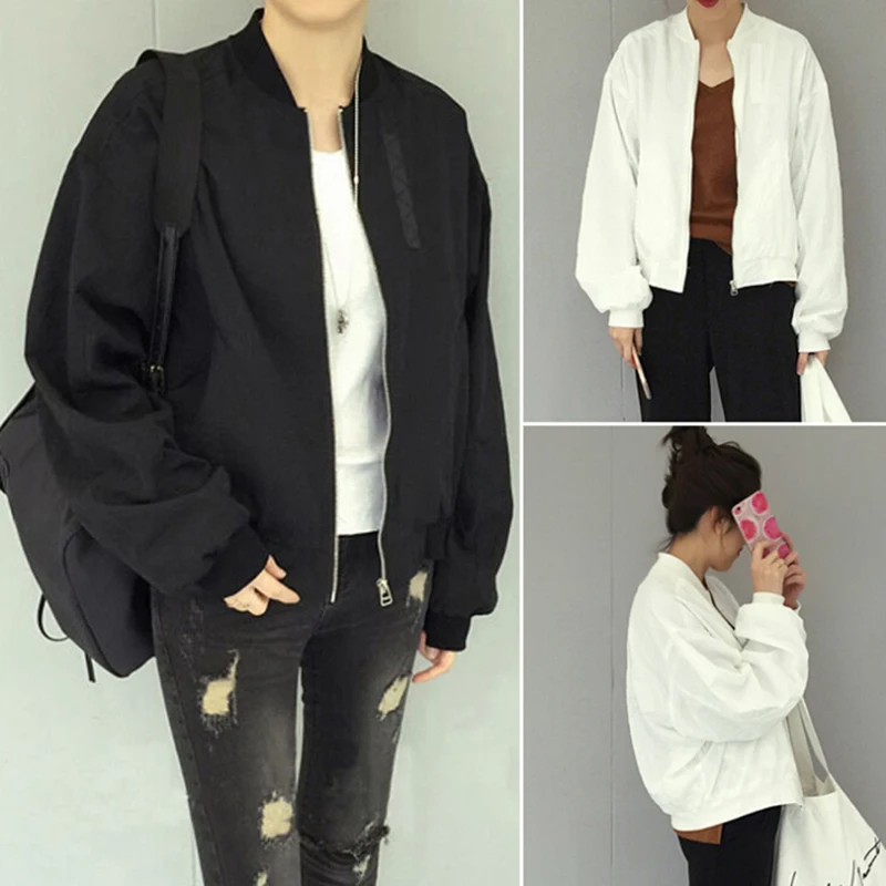 Women Casual Short Jackets Black/White Bomber Jacket Zipper Up Long