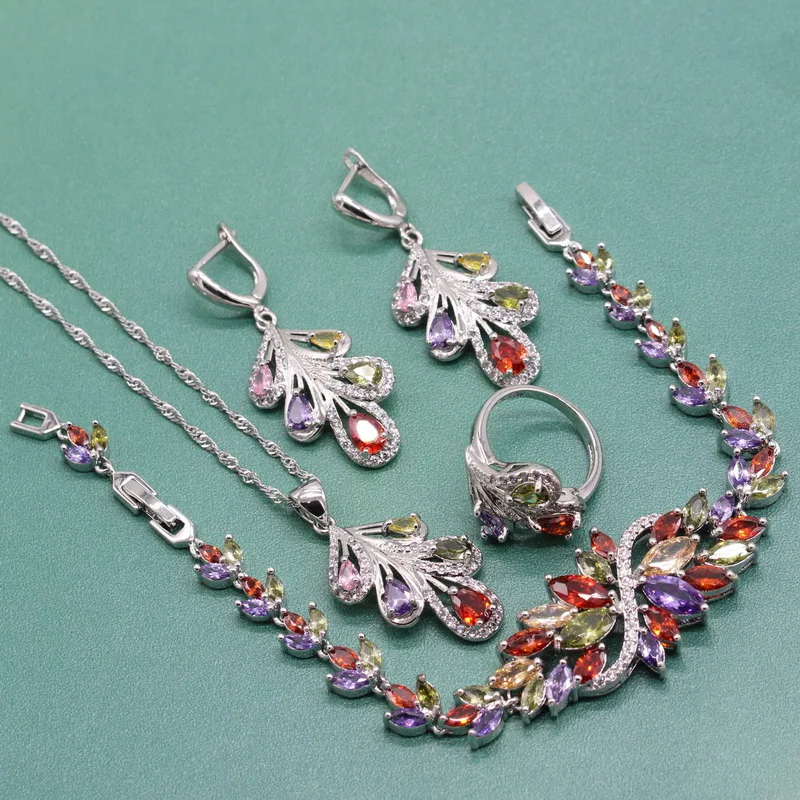 

Three Colors Stone 925 Sterling Silver Bridal Jewelry Sets for Women Wedding Choker Ring Dangle Earrings Bracelet Free Gift Box