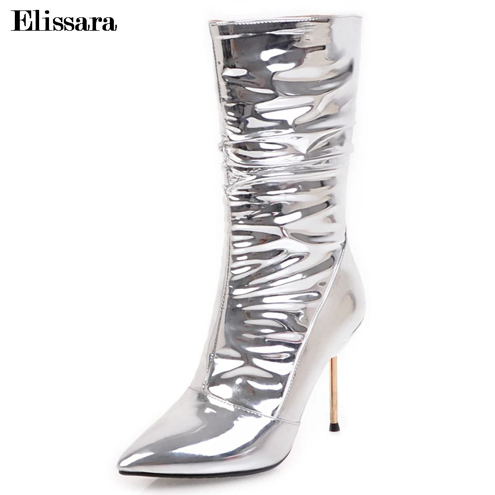 

Elissara Sexy Women Party Shoes for Women Zip Stiletto High Heel Mid Calf Boots Pointed Toe Boots Shoes Plus Size 33-43 Silver