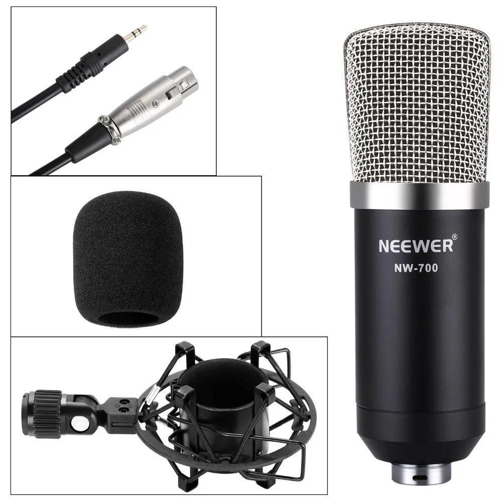 Neewer NW-700, конденсаторный микрофон, комплект, NW-35, стрела, ножничный рычаг, подставка с амортизатором, поп-фильтр, кабель XLR для домашней студийной записи