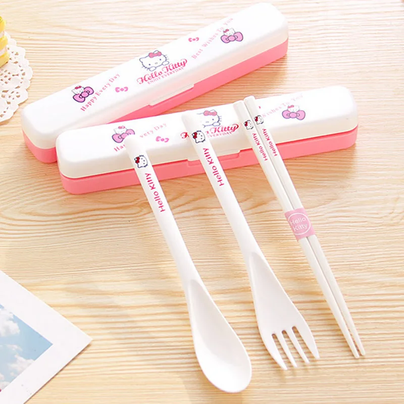 

Spoon Fork Chopsticks Dinnerware Tableware Lunch Set cute Kawaii Hello kitty Porcelain Baby girl boy ABS health high quality